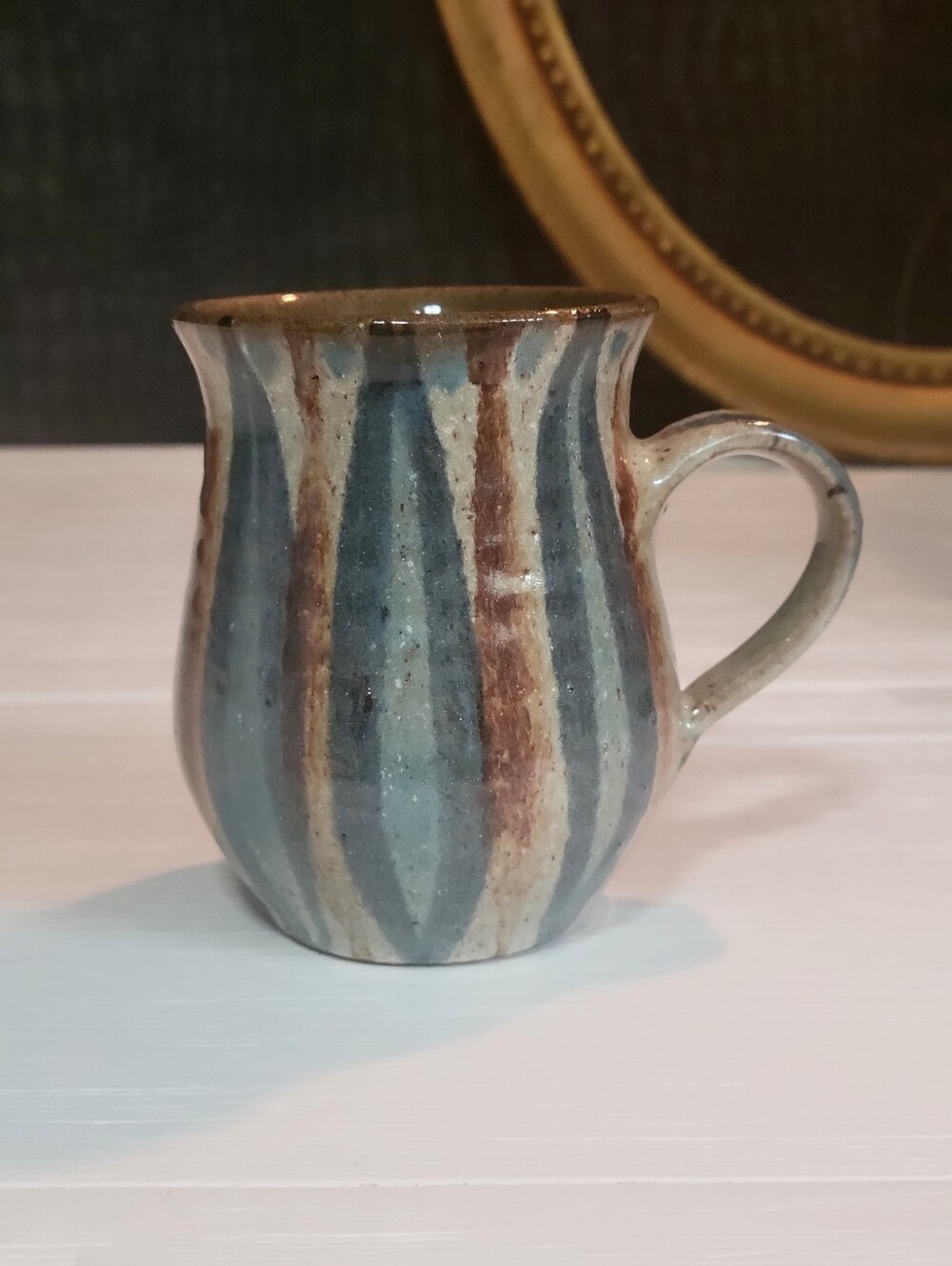 Handcrafted Blue and Brown Striped Ceramic Mug. Excellent Condition